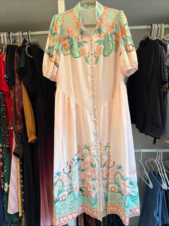 Commense Dresses & Skirts - Peach Midi Dress with Mint and Coral Border
